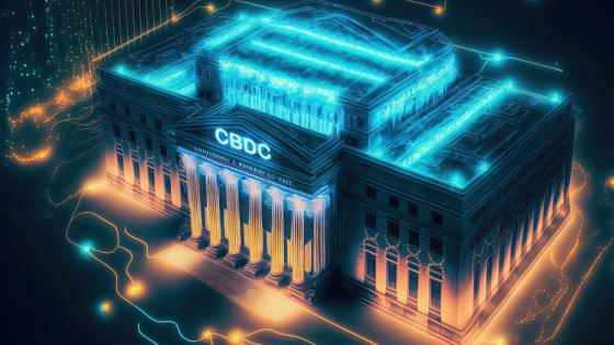 Generated picture of a bank building with neon lighting and the letters CBDC