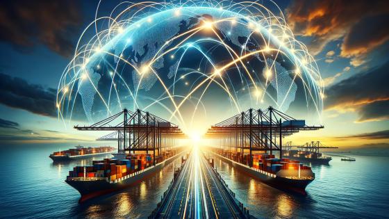 image of a shipping port with cargo ships and cranes overlaid with a glowing digital mesh representing global trade networks 