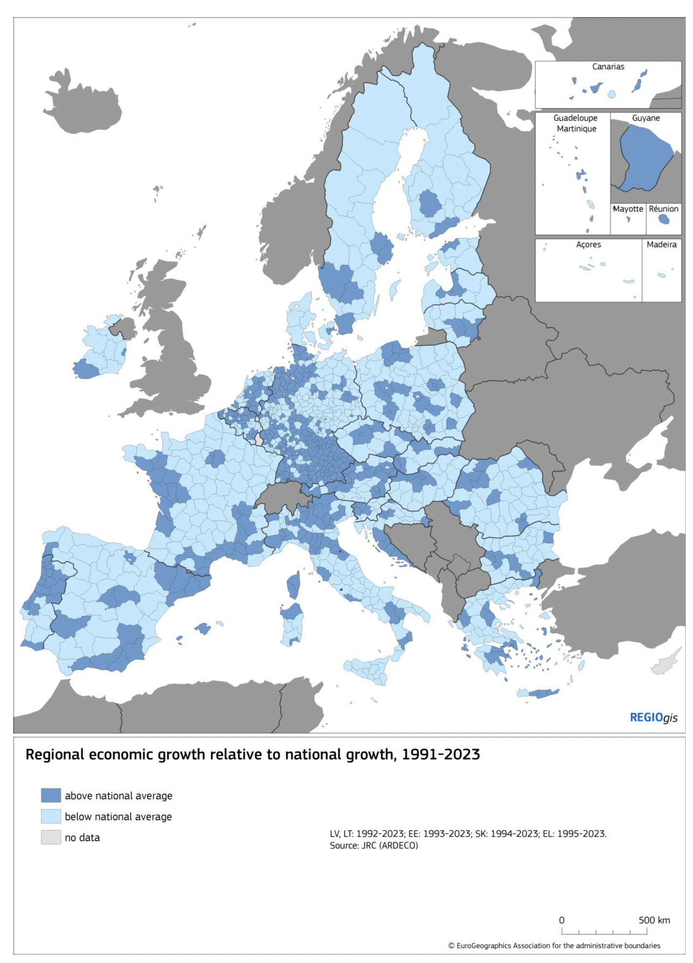 Figure 2 Regions performing above and below their national average GDP growth between 1991 and 2023