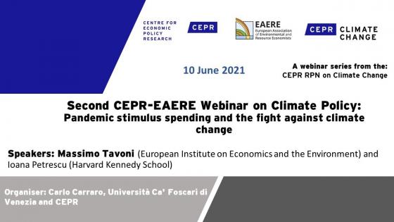 White background with black text "Second CEPR EAERE Webinar on Climate Policy: Pandemic Stimulus" with CEPR logos 