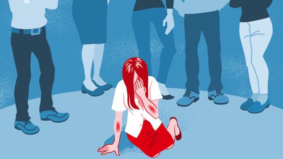 Illustration of woman crying on floor being judged by bystanders