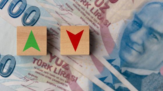 Green and red arrows on wooden cubes with Turkish currency background