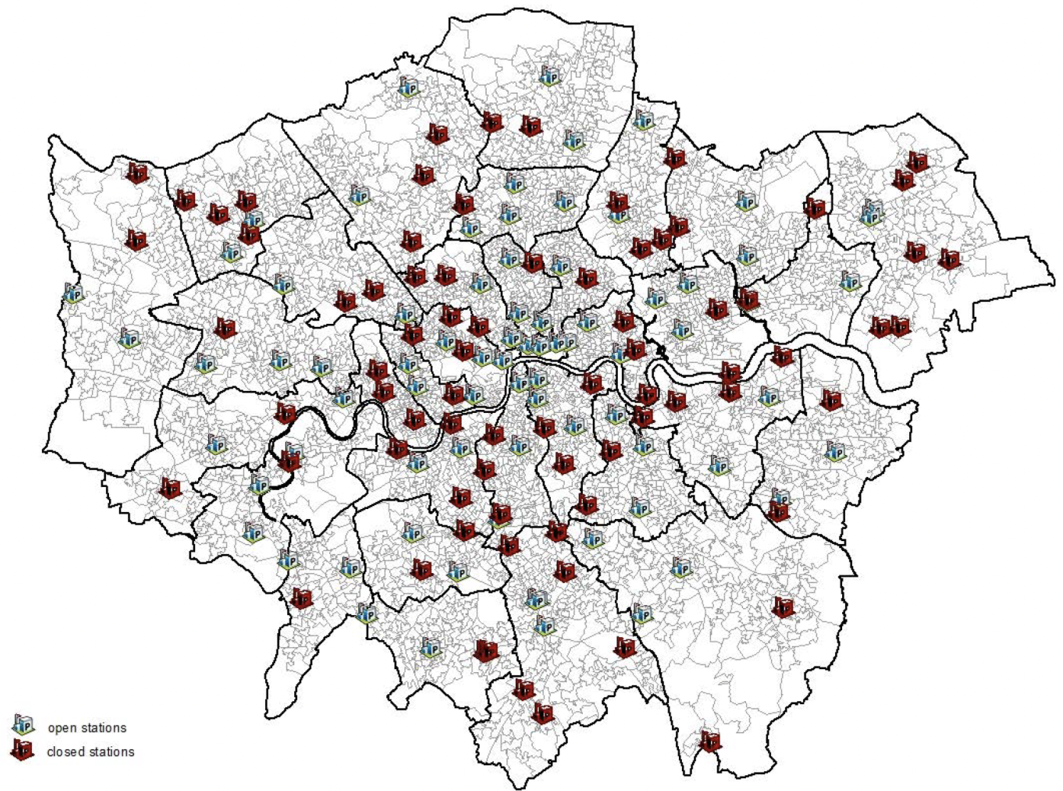 Figure 2 Distribution of open and closed police stations in Greater London