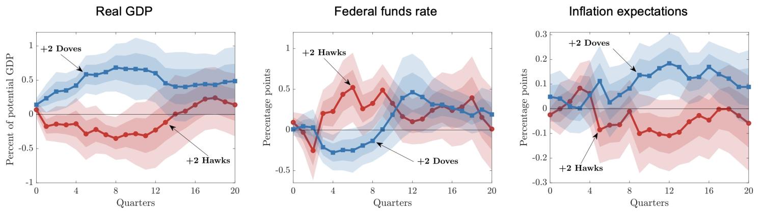 Figure 2 Comparing the effects of an expansionary government spending shock under a hawkish and a dovish FOMC