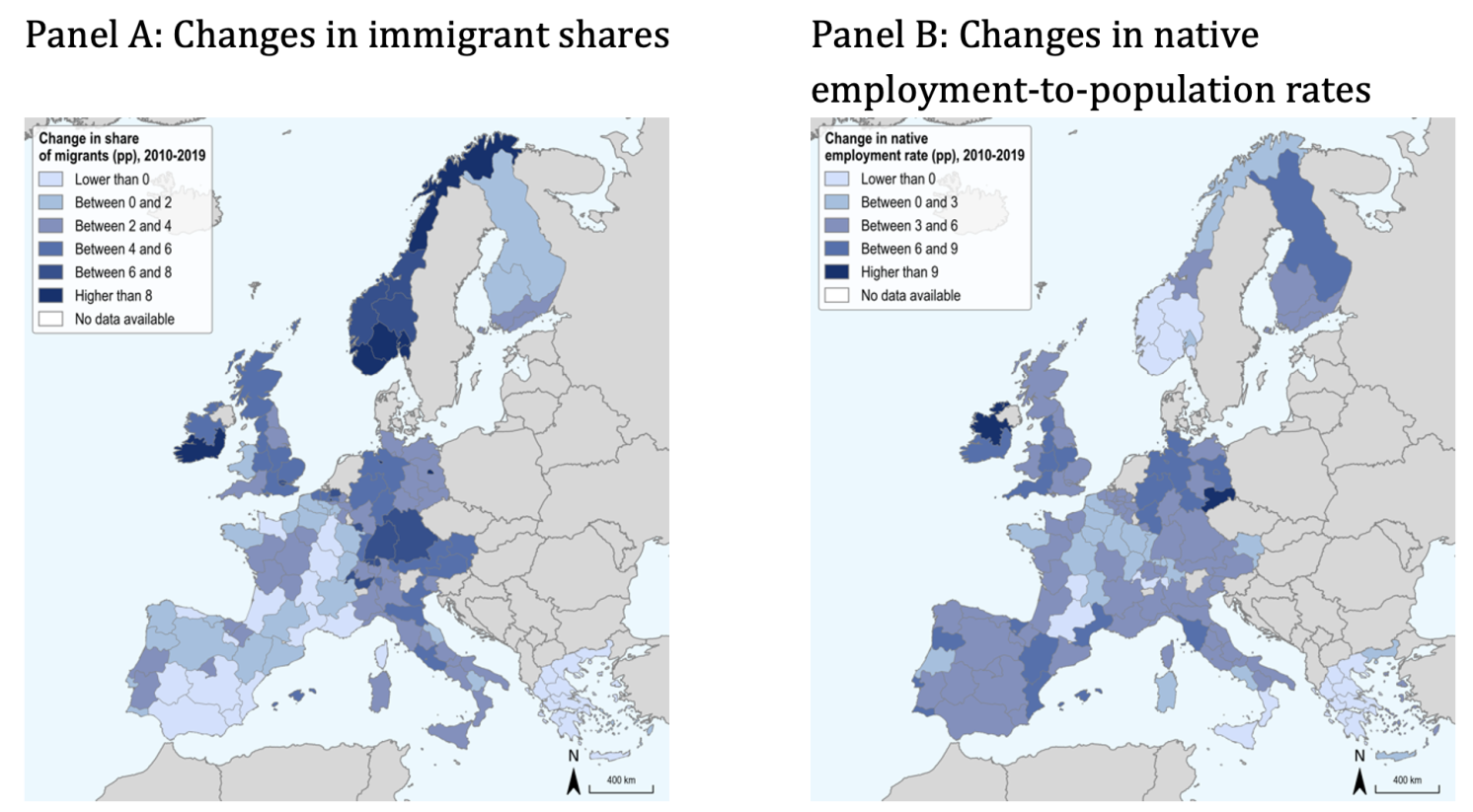 Figure 1 The changes in the employment rates and immigrant shares in 13 European countries between 2010 and 2019